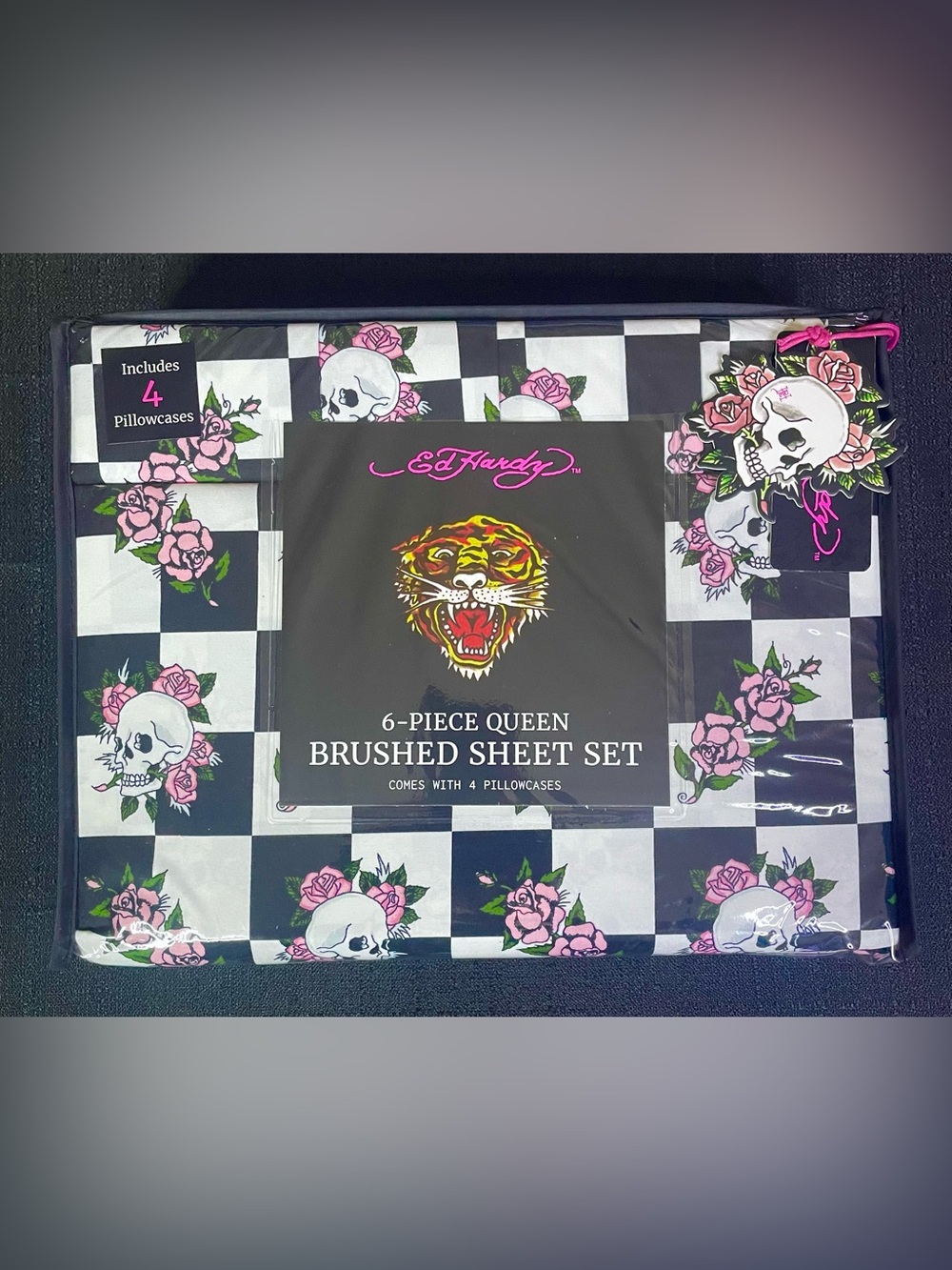 Ed Hardy DP 6-pc Queen Sheet Set Black White Checkered Skulls Pink Roses NEW NIP
